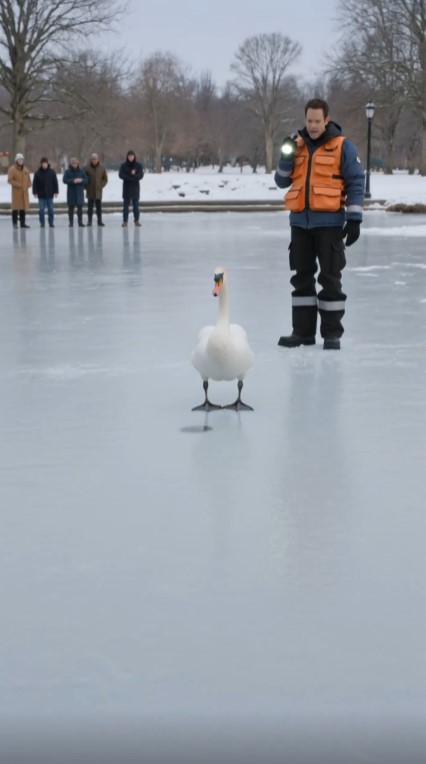 The Swan Refused To Leave The Frozen Lake, Then Rescuers Discovered The Reason
