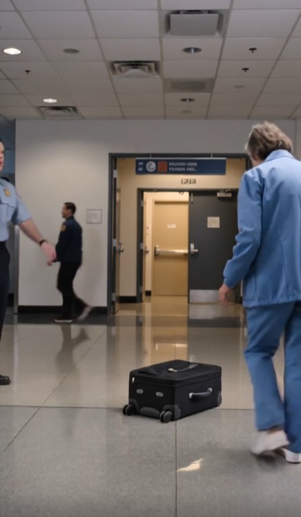 An Airport Cleaner Stopped Beside an Abandoned Suitcase